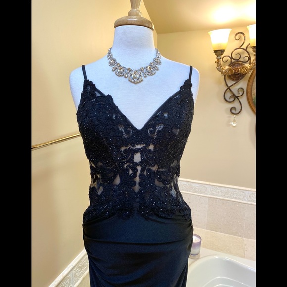 NEW Sexy La Femme Gorgeous Black Lace with Rhinestones Illusion Fitted Gown 12 - Picture 9 of 16